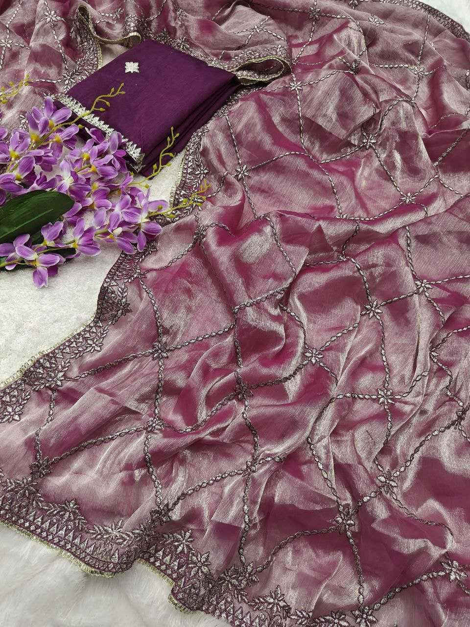 Lavender Jimmy Choo Saree With Zari Embroidery Lace Border and Blouse