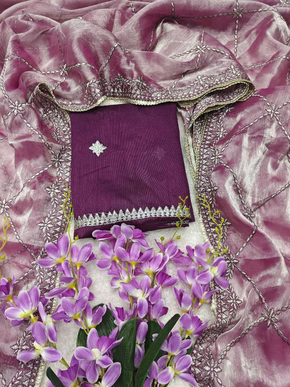 Lavender Jimmy Choo Saree With Zari Embroidery Lace Border and Blouse