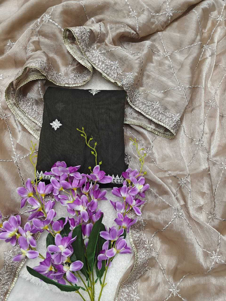 Beige Jimmy Choo Saree With Zari Embroidery Lace Border and Blouse