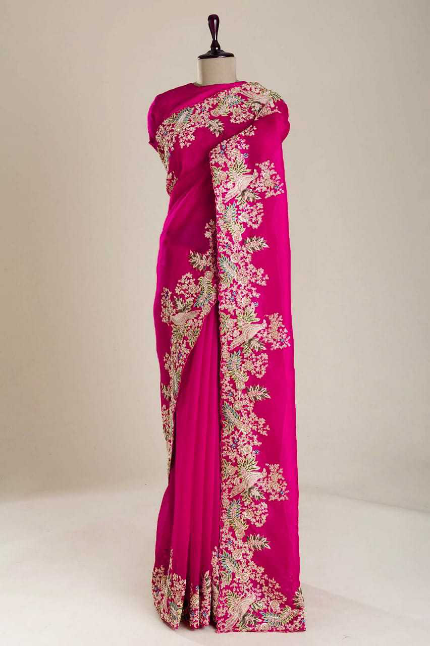Pink Colour Hand Crafted Multi Thread Cutwork Border Designer Saree
