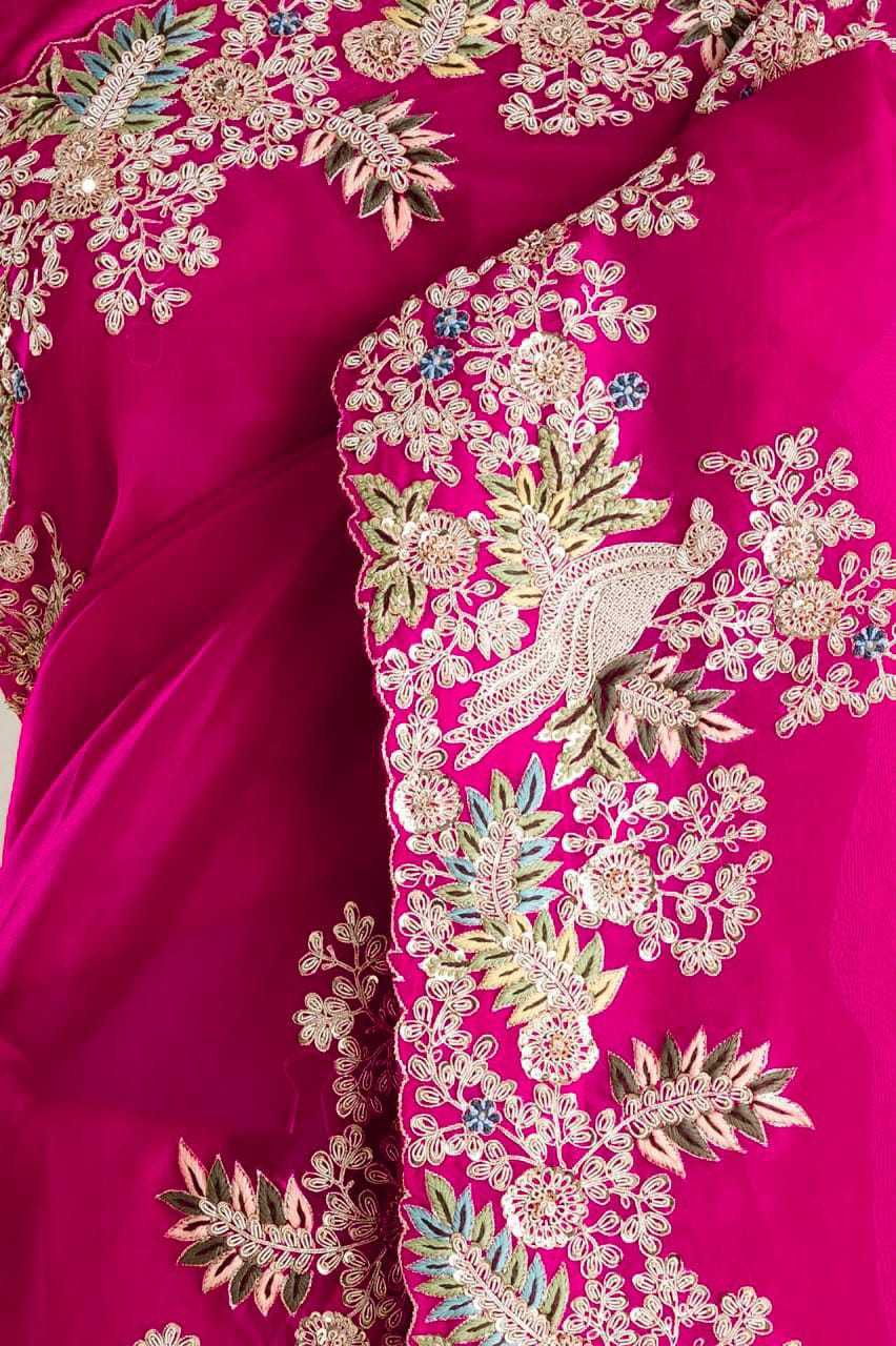Pink Colour Hand Crafted Multi Thread Cutwork Border Designer Saree