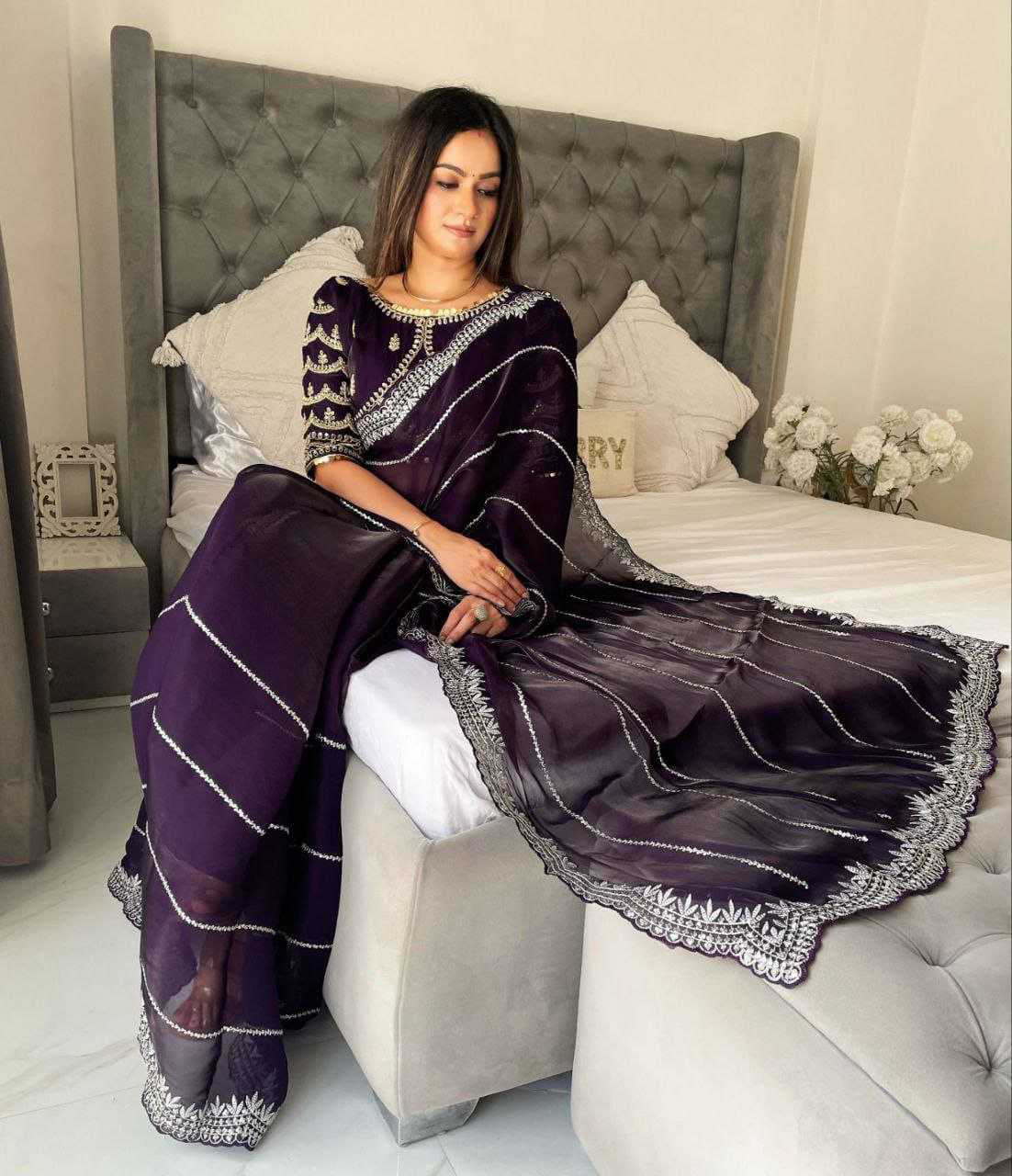 Pure Jimmy Choo Silk Wine Festival Wear Sequins Work Saree