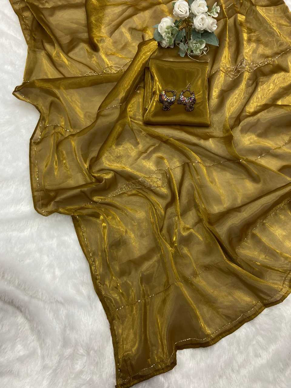 Pure Satin Golden Colour Saree For Guest Wedding