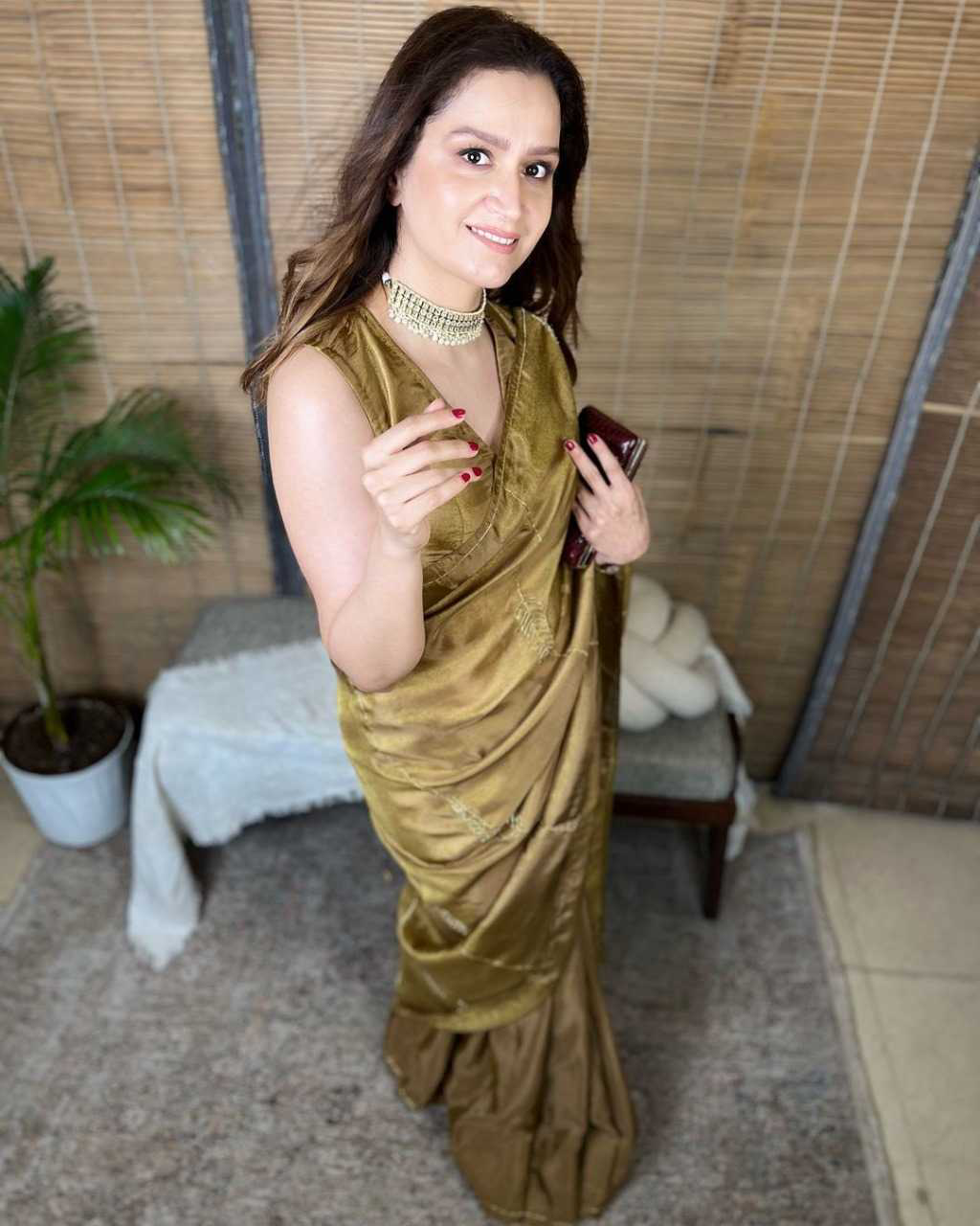 Pure Satin Golden Colour Saree For Guest Wedding