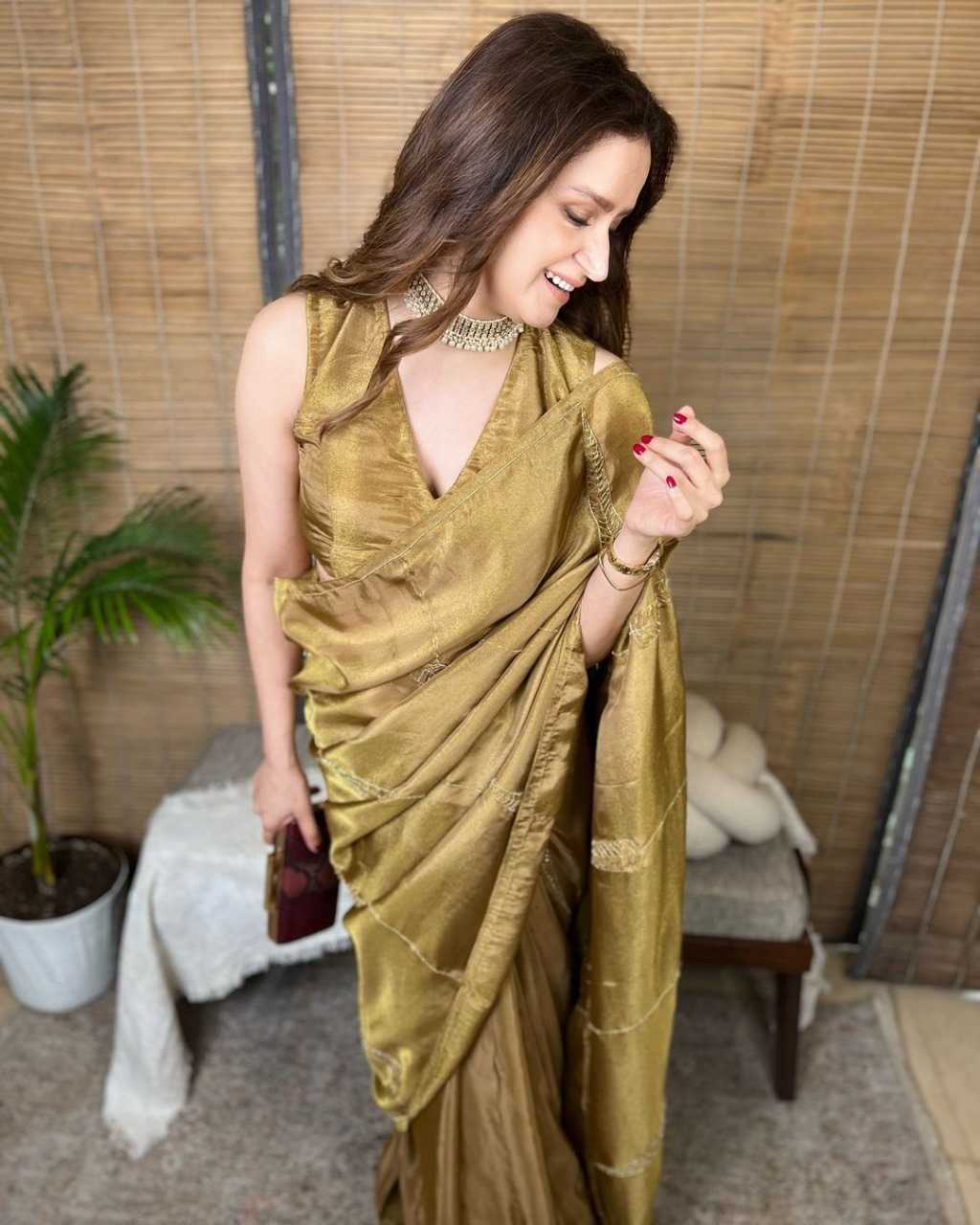 Pure Satin Golden Colour Saree For Guest Wedding