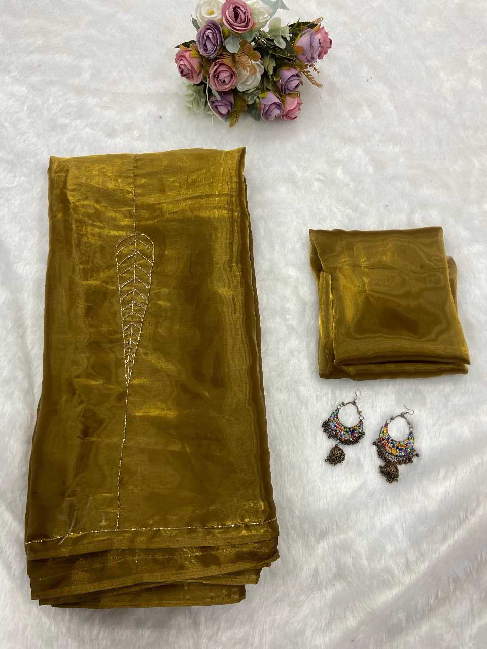Pure Satin Golden Colour Saree For Guest Wedding