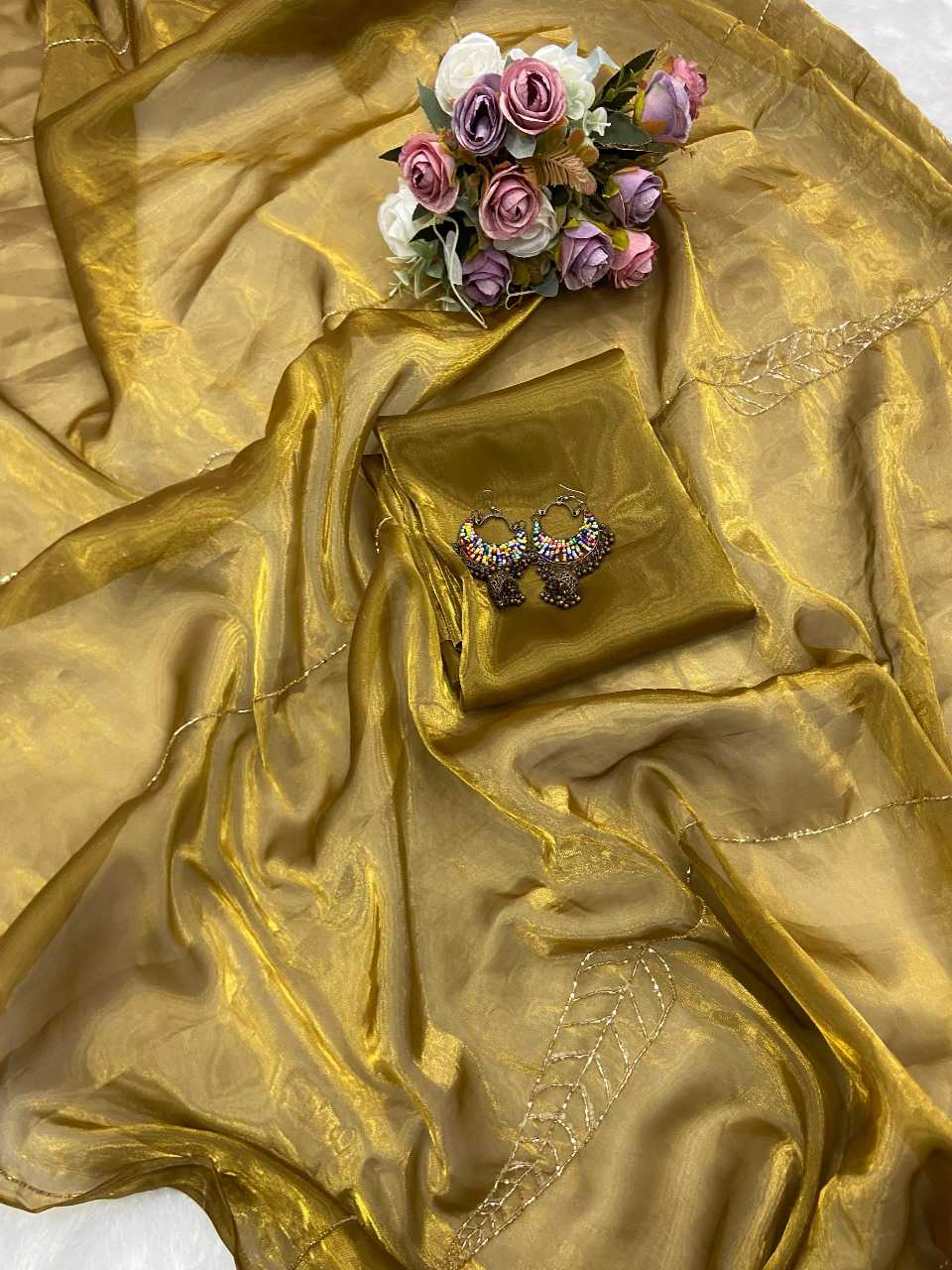 Pure Satin Golden Colour Saree For Guest Wedding