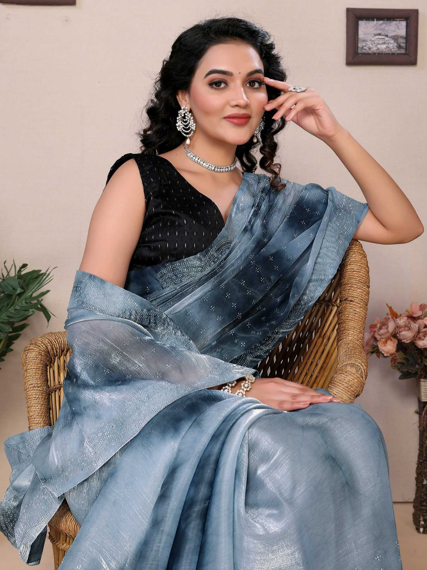 Gray jimmy choo saree with diamond work