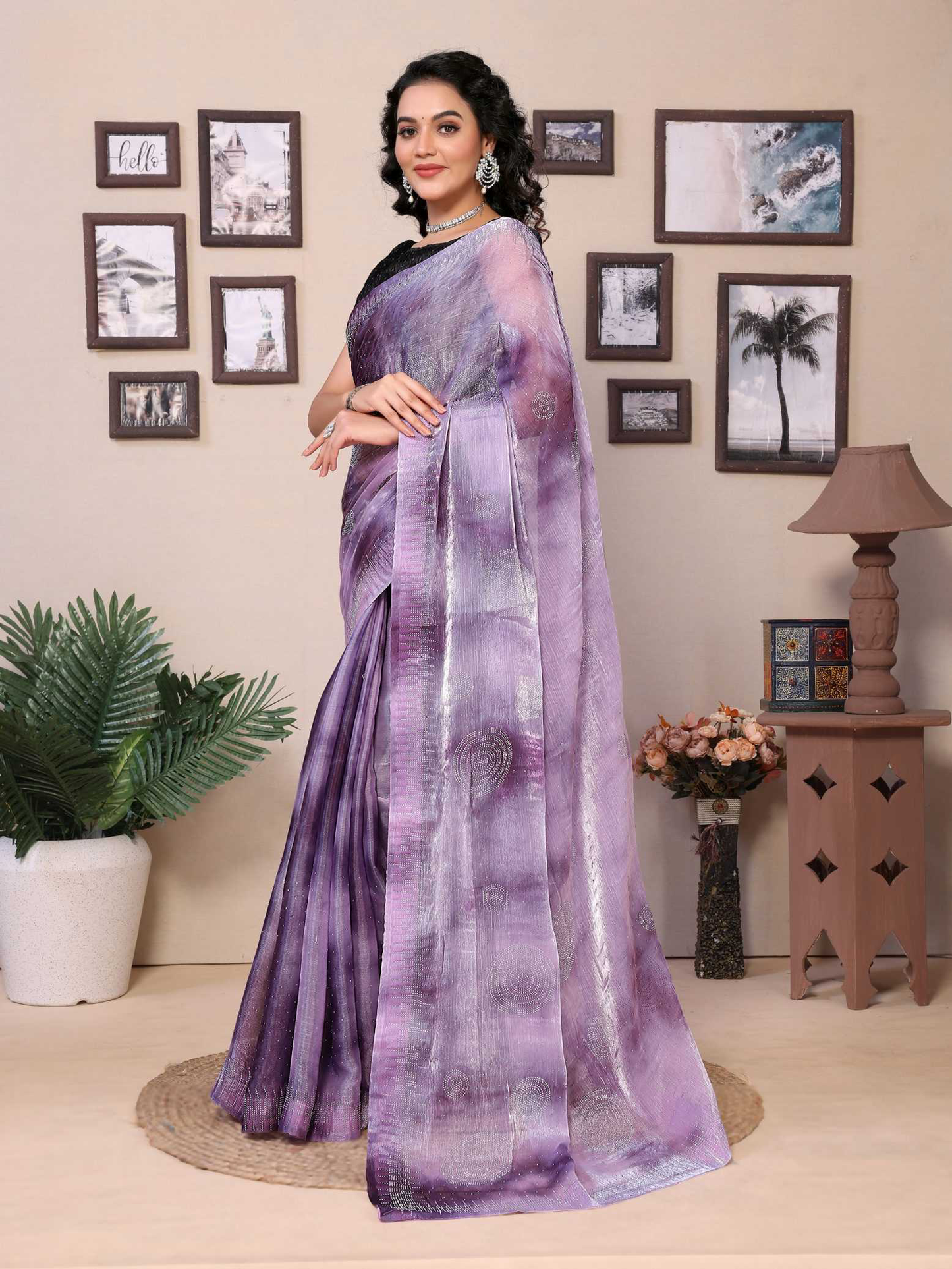 Lavender jimmy choo saree with diamond work