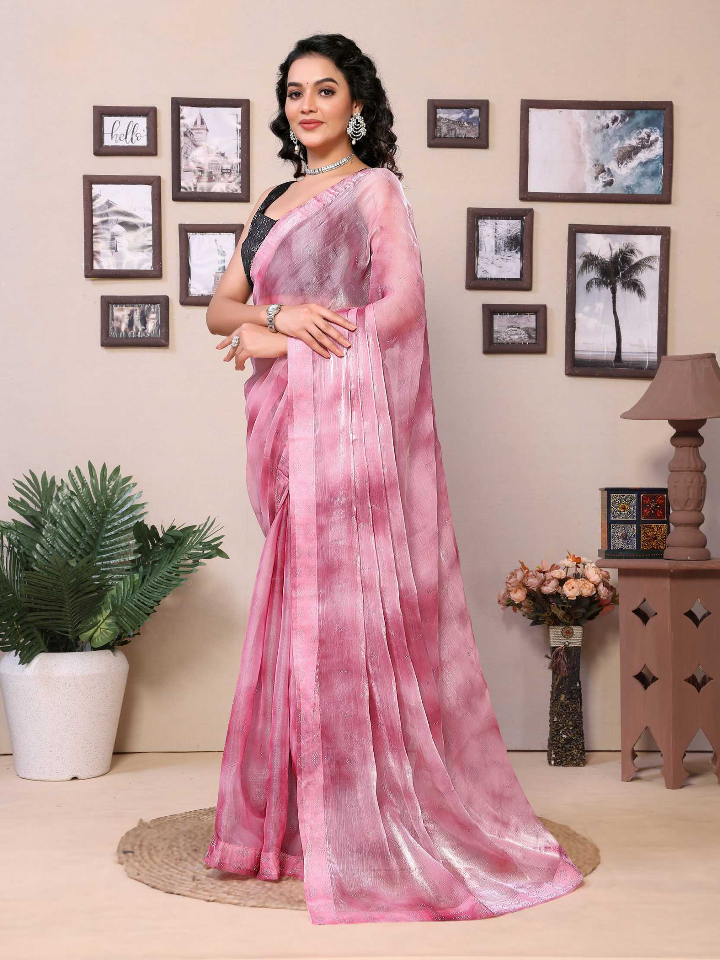 Baby pink jimmy choo saree with diamond work Saree