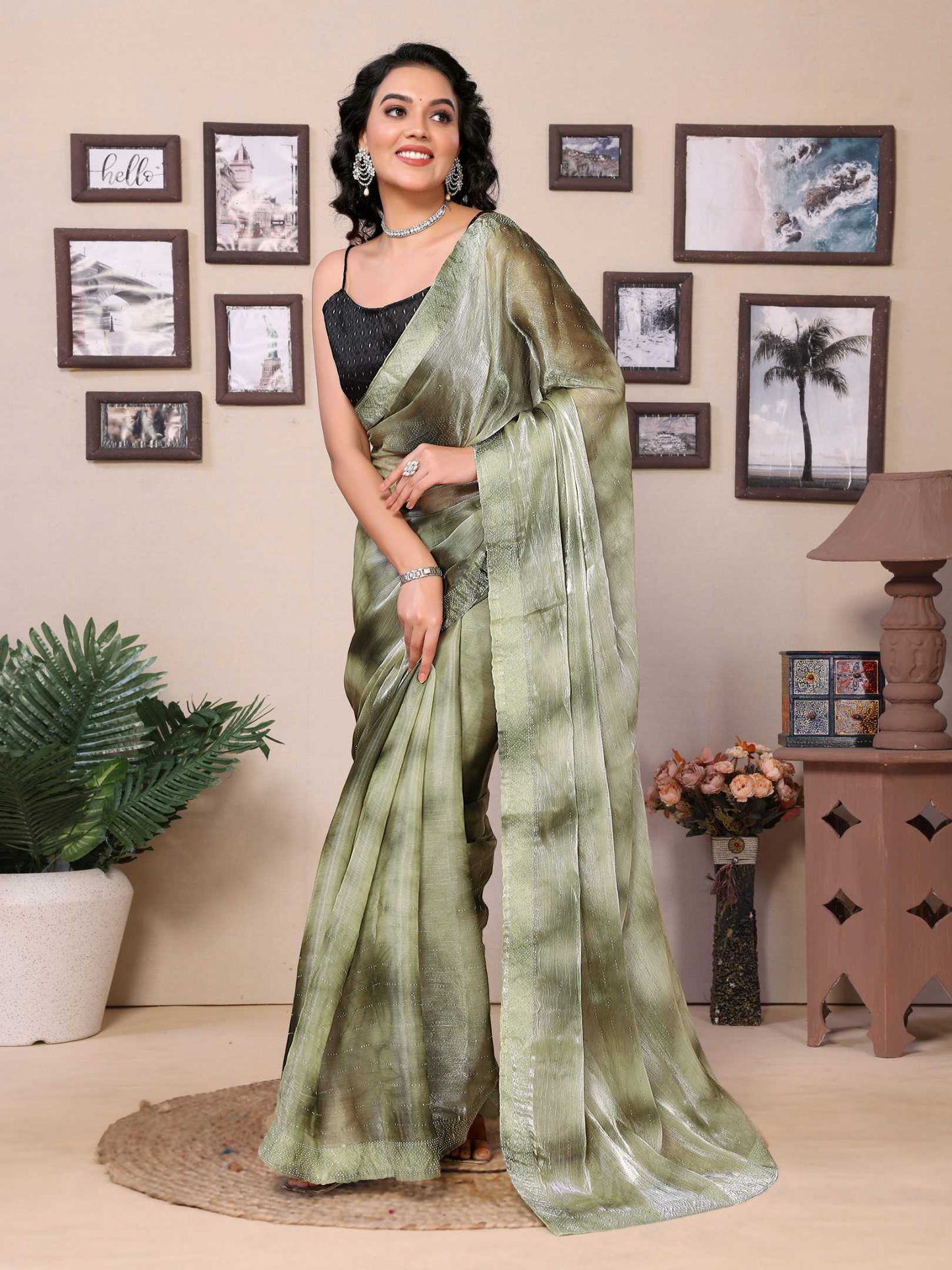 Mahendi green jimmy choo saree with diamond work