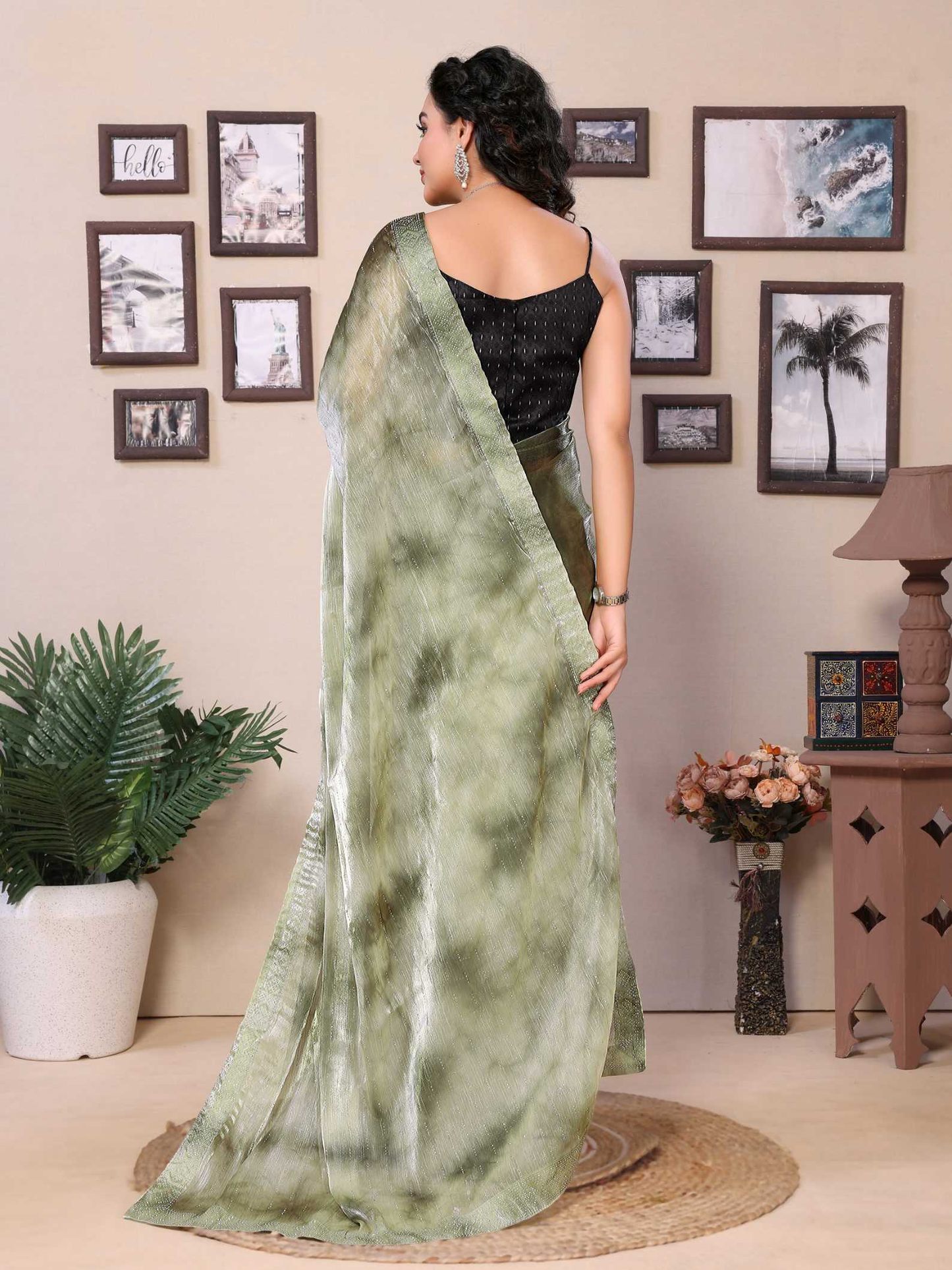 Mahendi green jimmy choo saree with diamond work