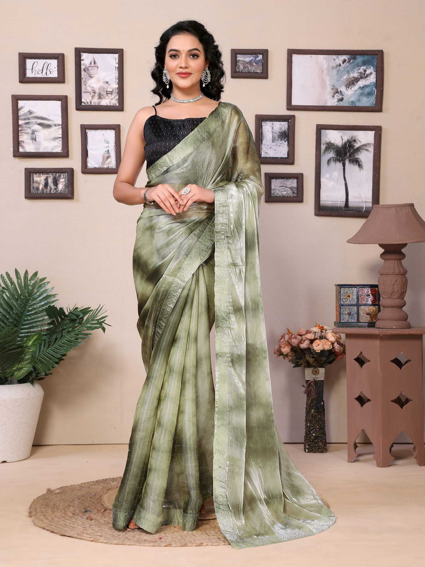 Mahendi green jimmy choo saree with diamond work