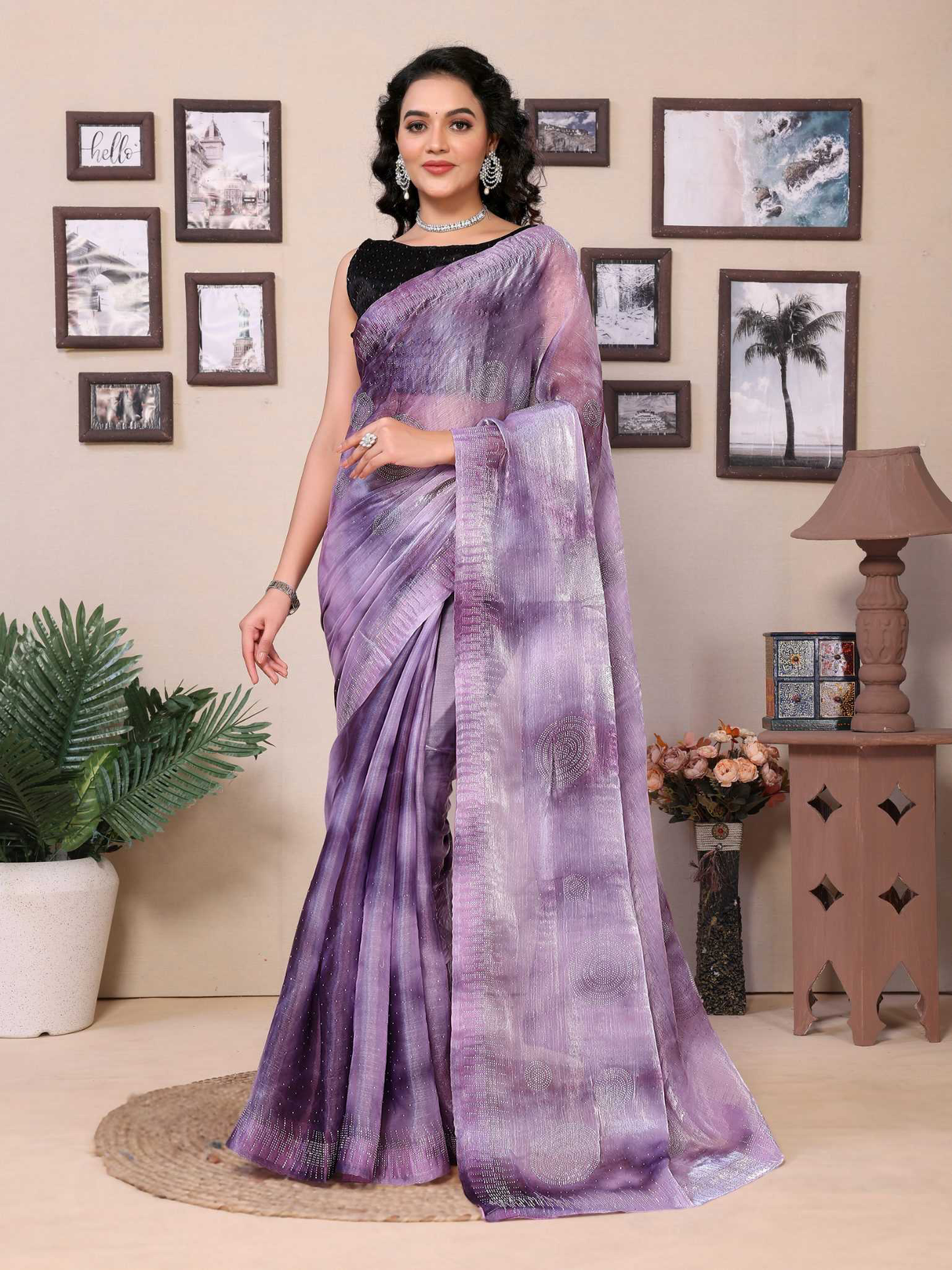 Lavender jimmy choo saree with diamond work