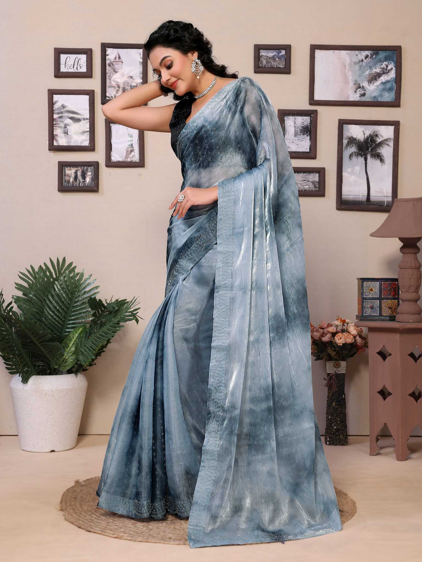 Gray jimmy choo saree with diamond work