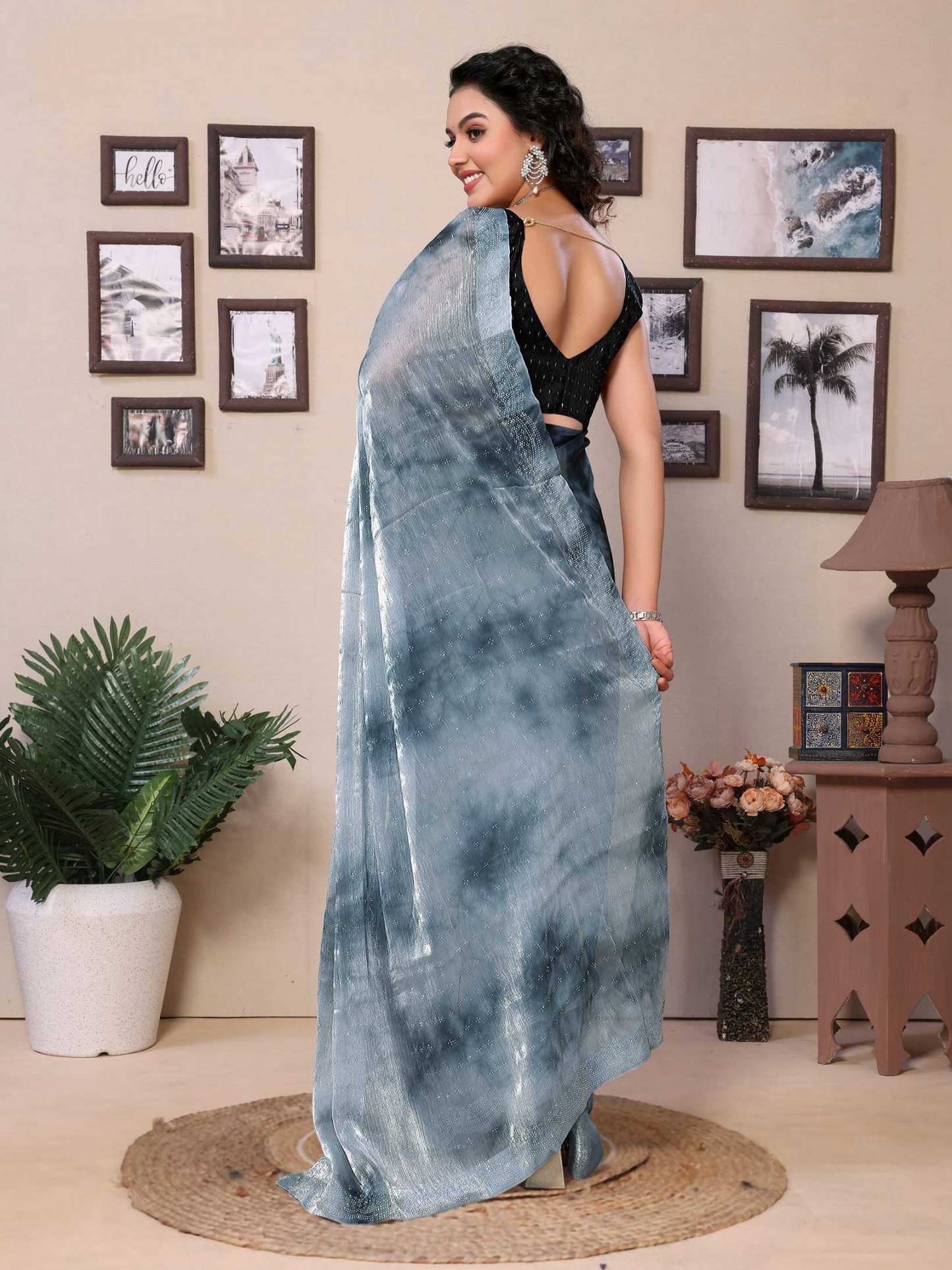 Gray jimmy choo saree with diamond work