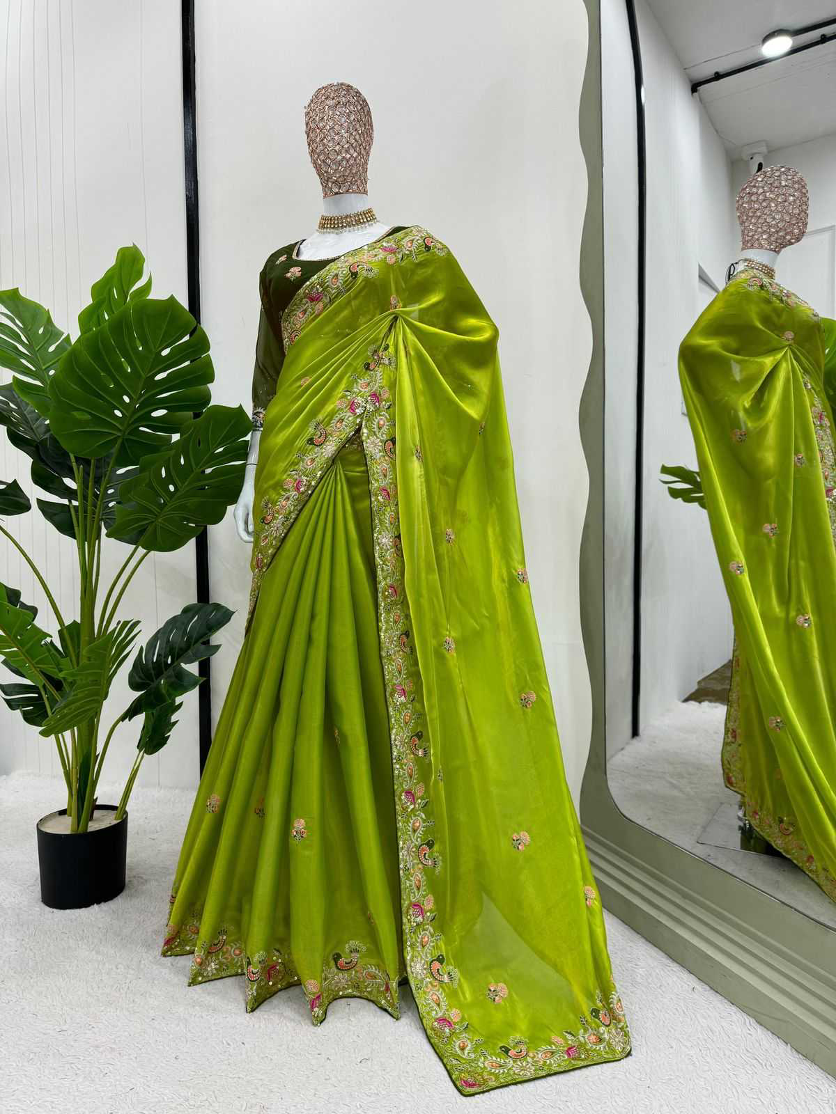 Festive Wear Jimmy Chu Sequence Work Green Color Saree