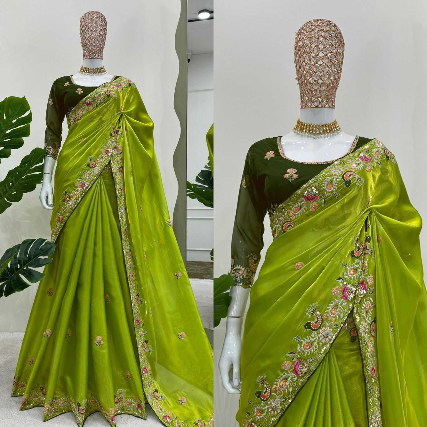 Festive Wear Jimmy Chu Sequence Work Green Color Saree