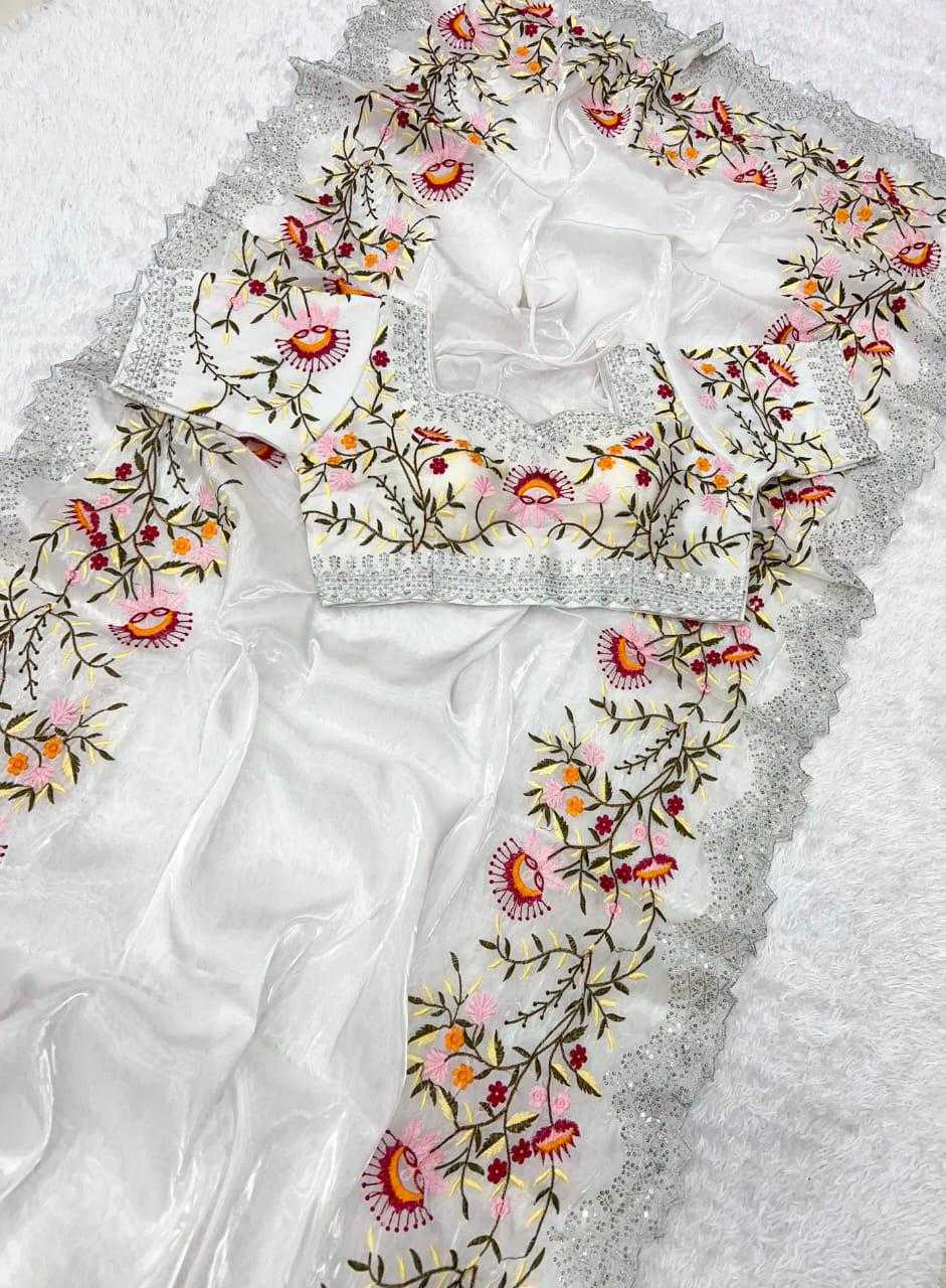 Pure Zimmy Choo Satin Saree With Beautiful 3MM Sequence Zari (C-Pallu) Work And Aarco Border