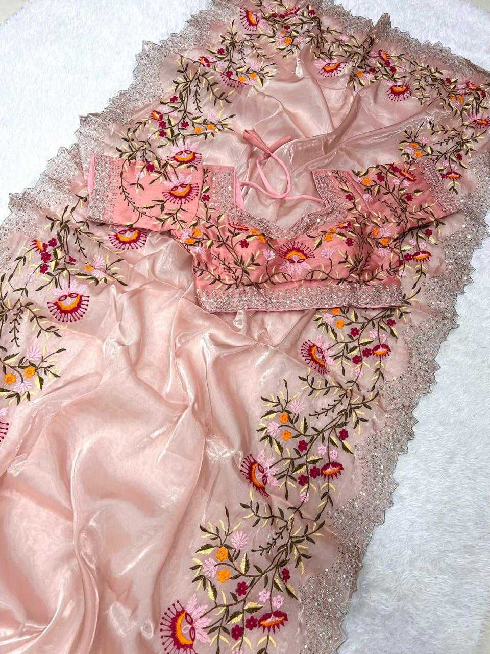 Pure Zimmy Choo Satin Saree With Beautiful 3MM Sequence Zari (C-Pallu) Work And Aarco Border