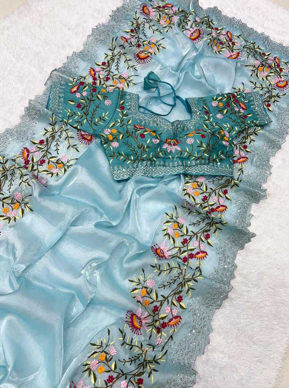 Pure Zimmy Choo Satin Saree With Beautiful 3MM Sequence Zari (C-Pallu) Work And Aarco Border Copy