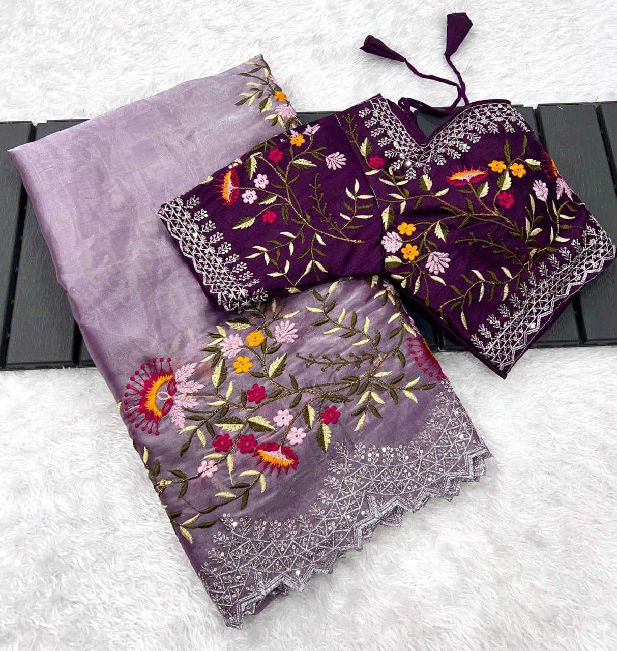 Pure Zimmy Choo Satin Saree With Beautiful 3MM Sequence Zari (C-Pallu) Work And Aarco Border