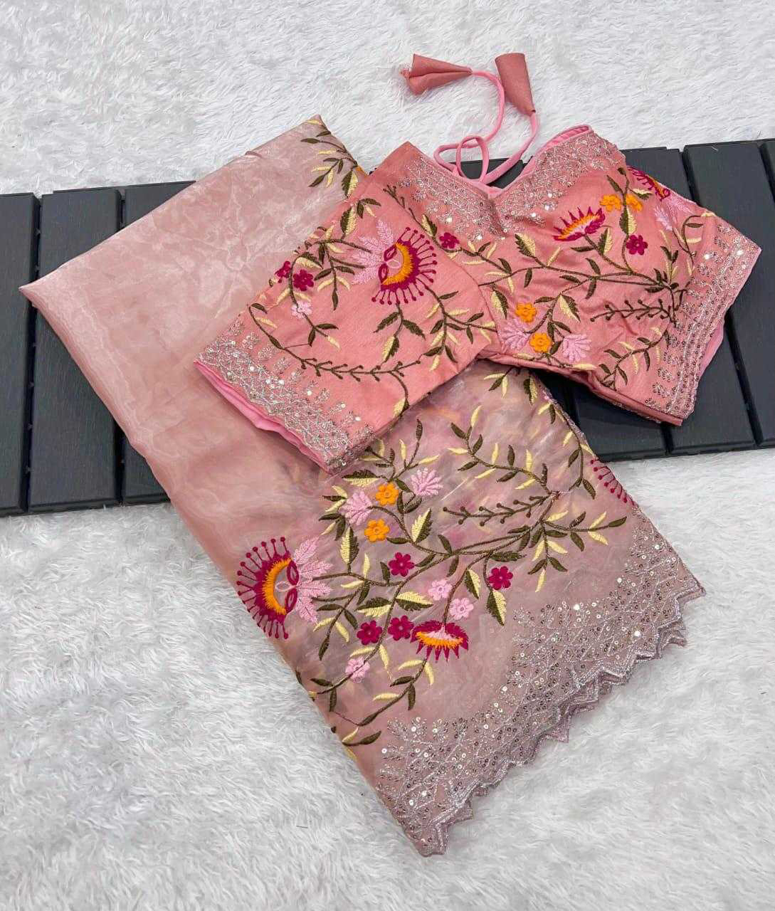 Pure Zimmy Choo Satin Saree With Beautiful 3MM Sequence Zari (C-Pallu) Work And Aarco Border