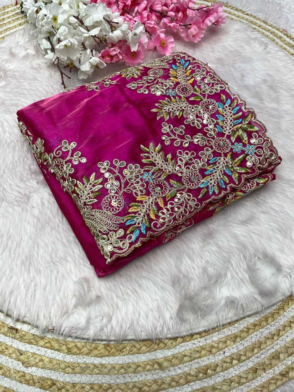 Pure Soft Jimmy Cho with Heavy Embroidery Multi Treads , Coding & Sequins Work & Fancy CutWork In saree