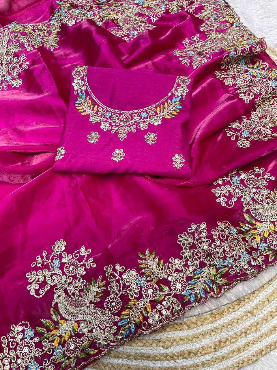 Pure Soft Jimmy Cho with Heavy Embroidery Multi Treads , Coding & Sequins Work & Fancy CutWork In saree