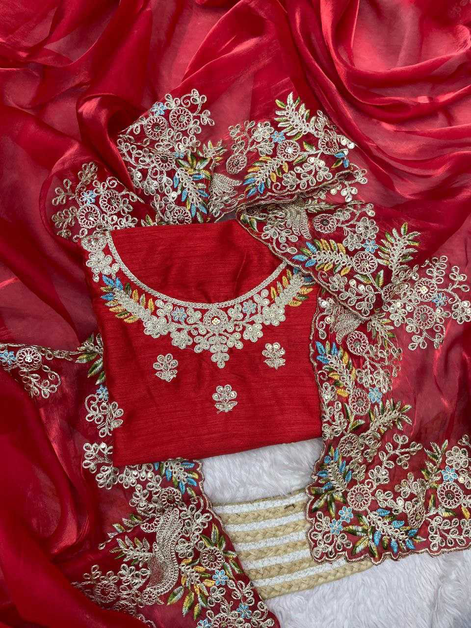 Pure Soft Jimmy Cho with Heavy Embroidery Multi Treads , Coding & Sequins Work & Fancy CutWork In saree