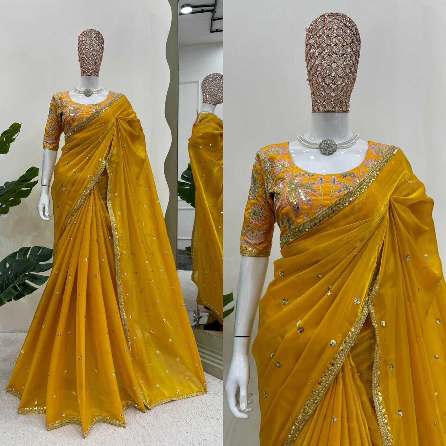 PURE SOFT ZIMMY CHOO SILK FABRIC ON BEAUTIFUL EMBROIDERY ZARI AND SEQUENCES WORK WITH HEAVY WORK BORDER IN SAREE