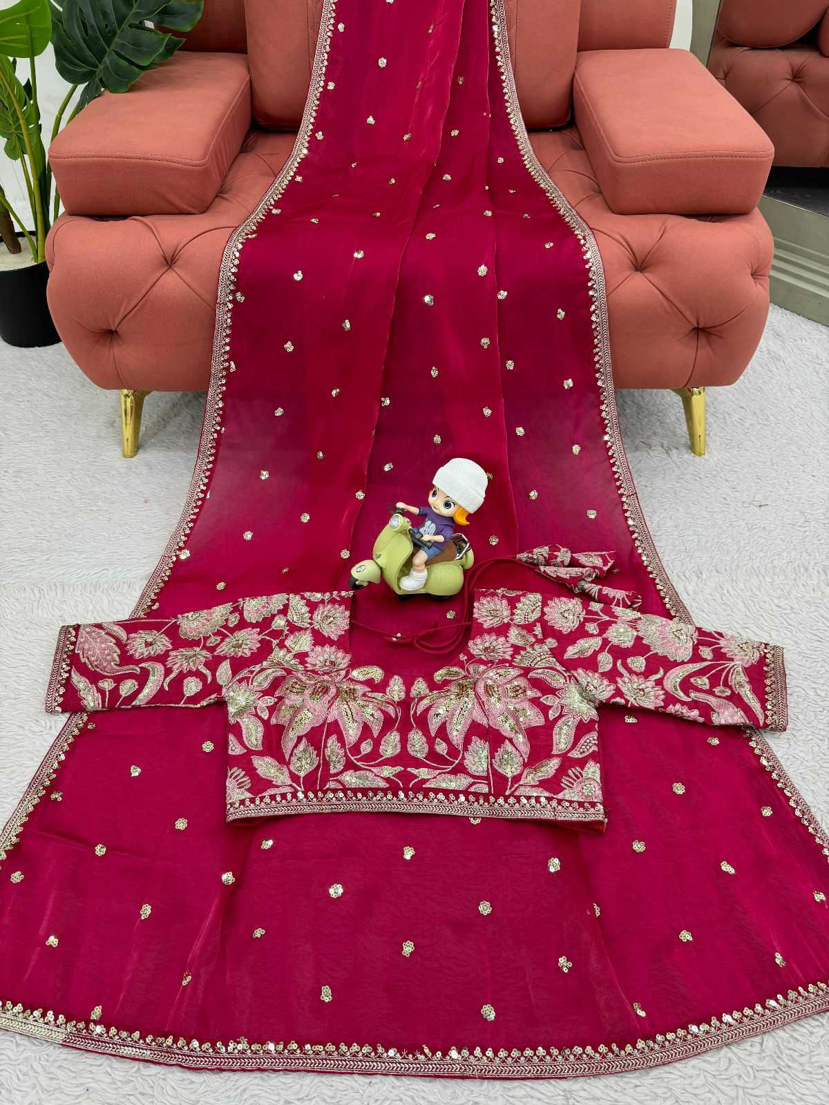 PURE SOFT ZIMMY CHOO SILK FABRIC ON BEAUTIFUL EMBROIDERY ZARI AND SEQUENCES WORK WITH HEAVY WORK BORDER IN SAREE