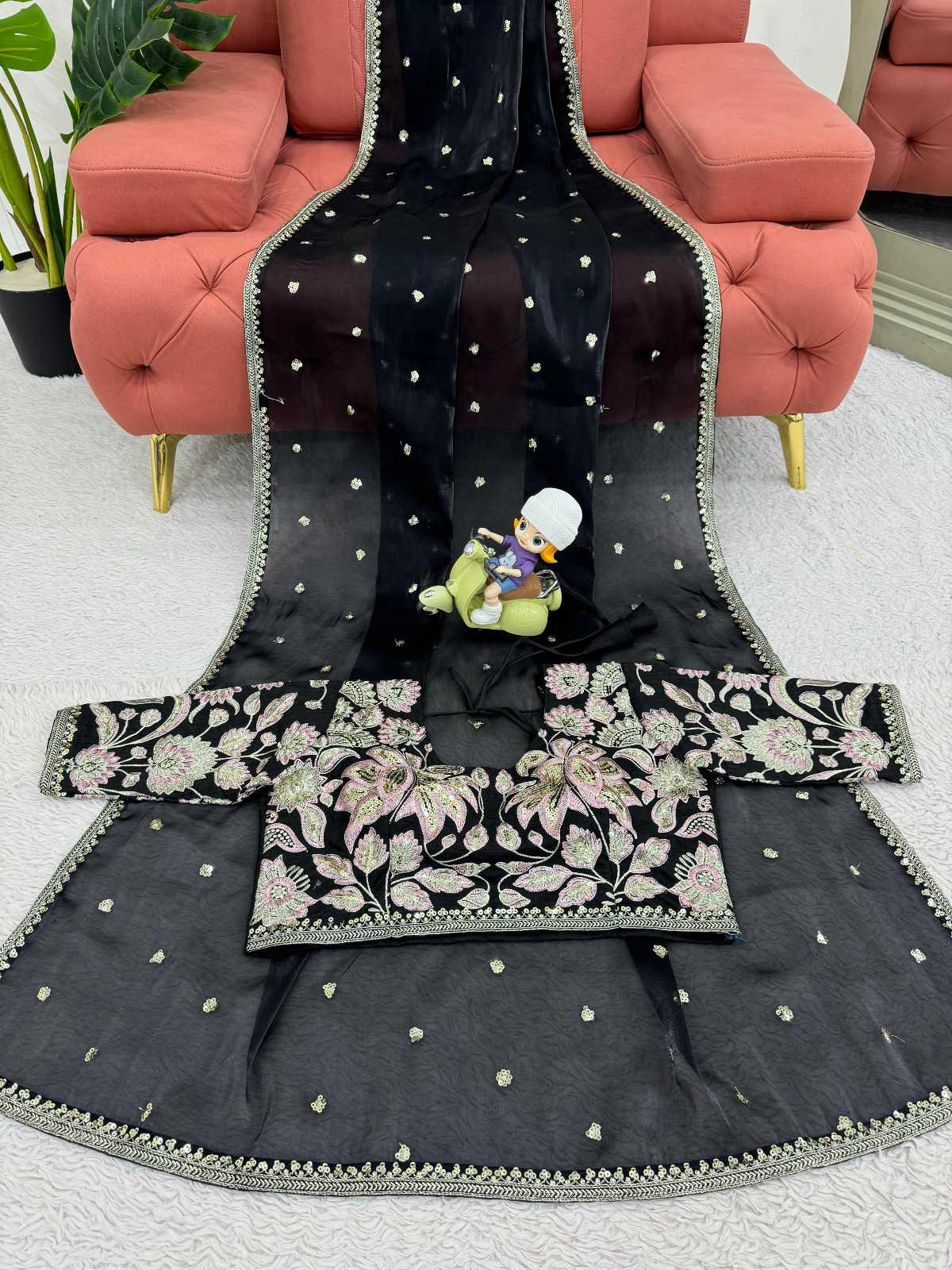 PURE SOFT ZIMMY CHOO SILK FABRIC ON BEAUTIFUL EMBROIDERY ZARI AND SEQUENCES WORK WITH HEAVY WORK BORDER IN SAREE