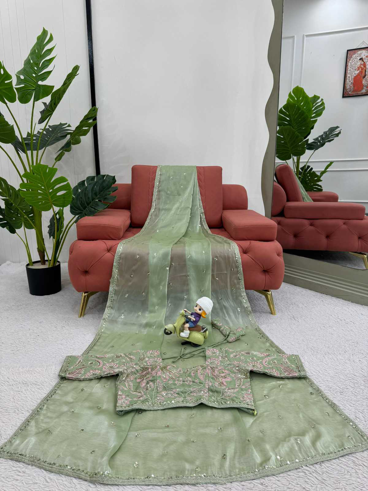 PURE SOFT ZIMMY CHOO SILK FABRIC ON BEAUTIFUL EMBROIDERY ZARI AND SEQUENCES WORK WITH HEAVY WORK BORDER IN SAREE