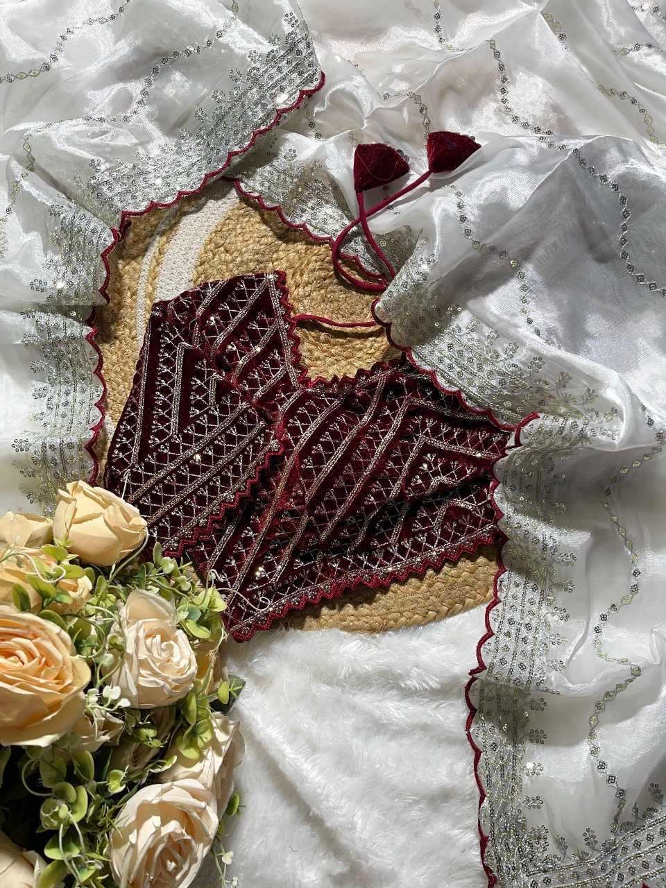 Havy Soft Organza Fabric With Beutiful Floral Prints With Beads And Katdana Handwork In Border