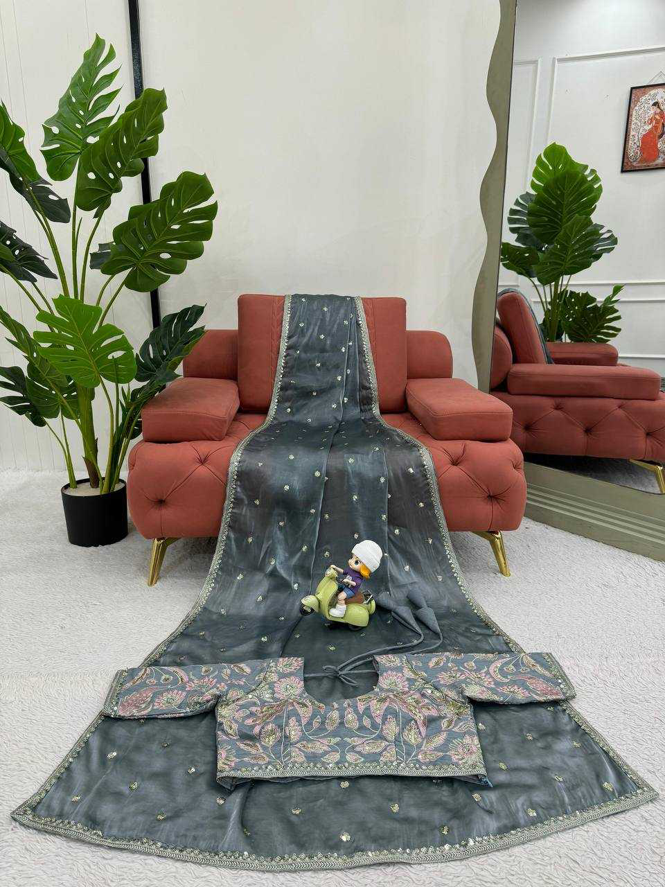 Pastel Gray Shimmery Organza Designer Saree