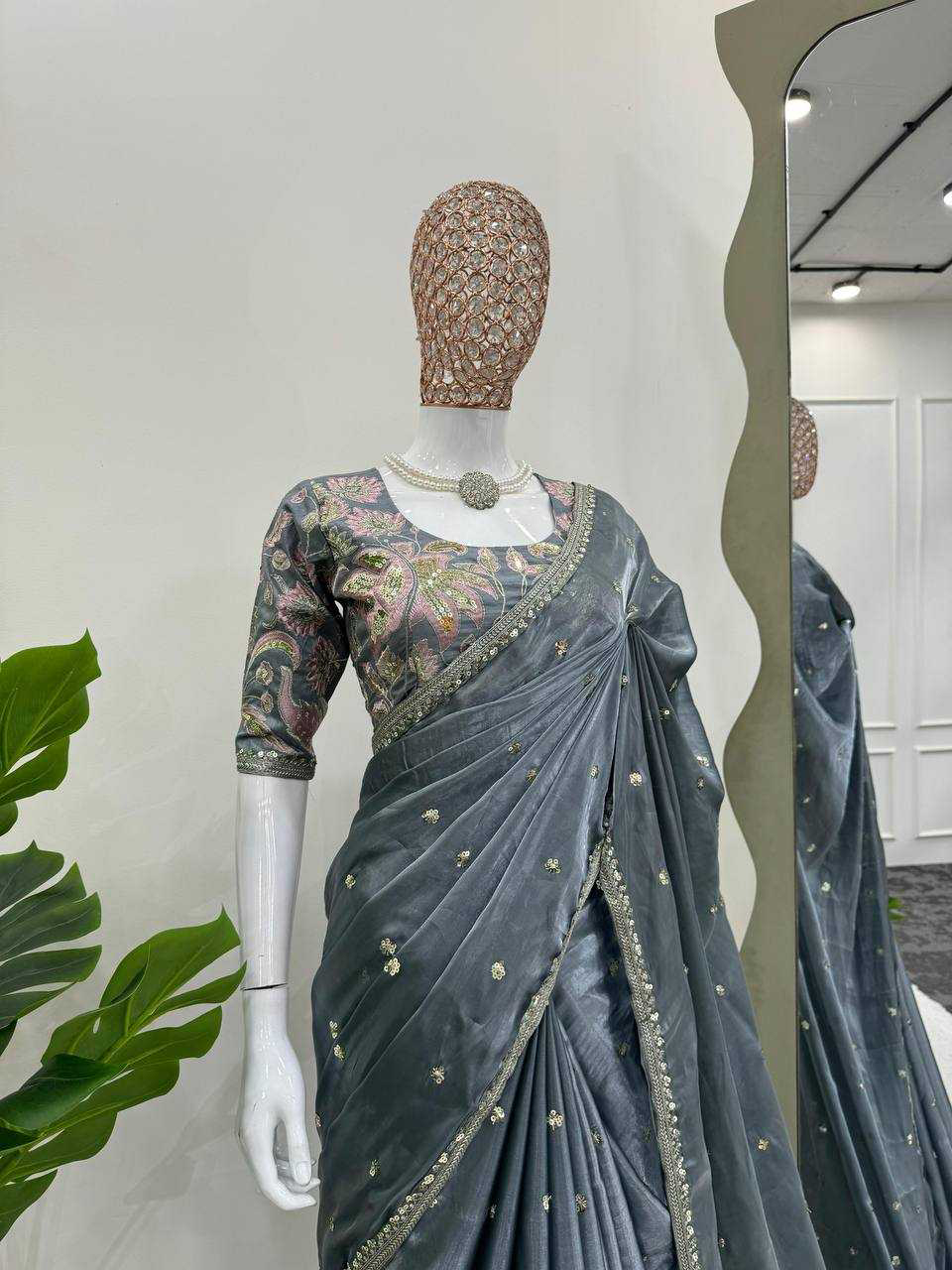 Pastel Gray Shimmery Organza Designer Saree