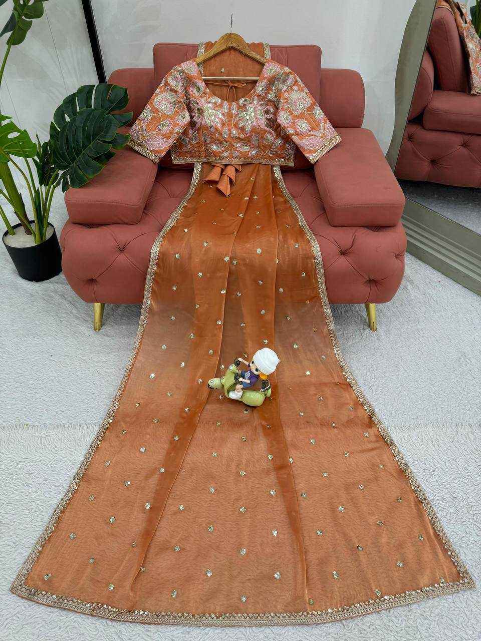 Fanta Orange Shimmery Organza Designer Saree