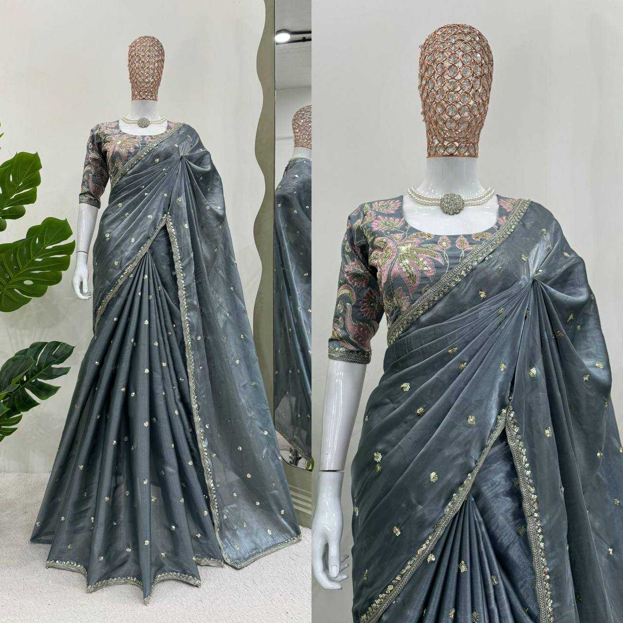 Pastel Gray Shimmery Organza Designer Saree
