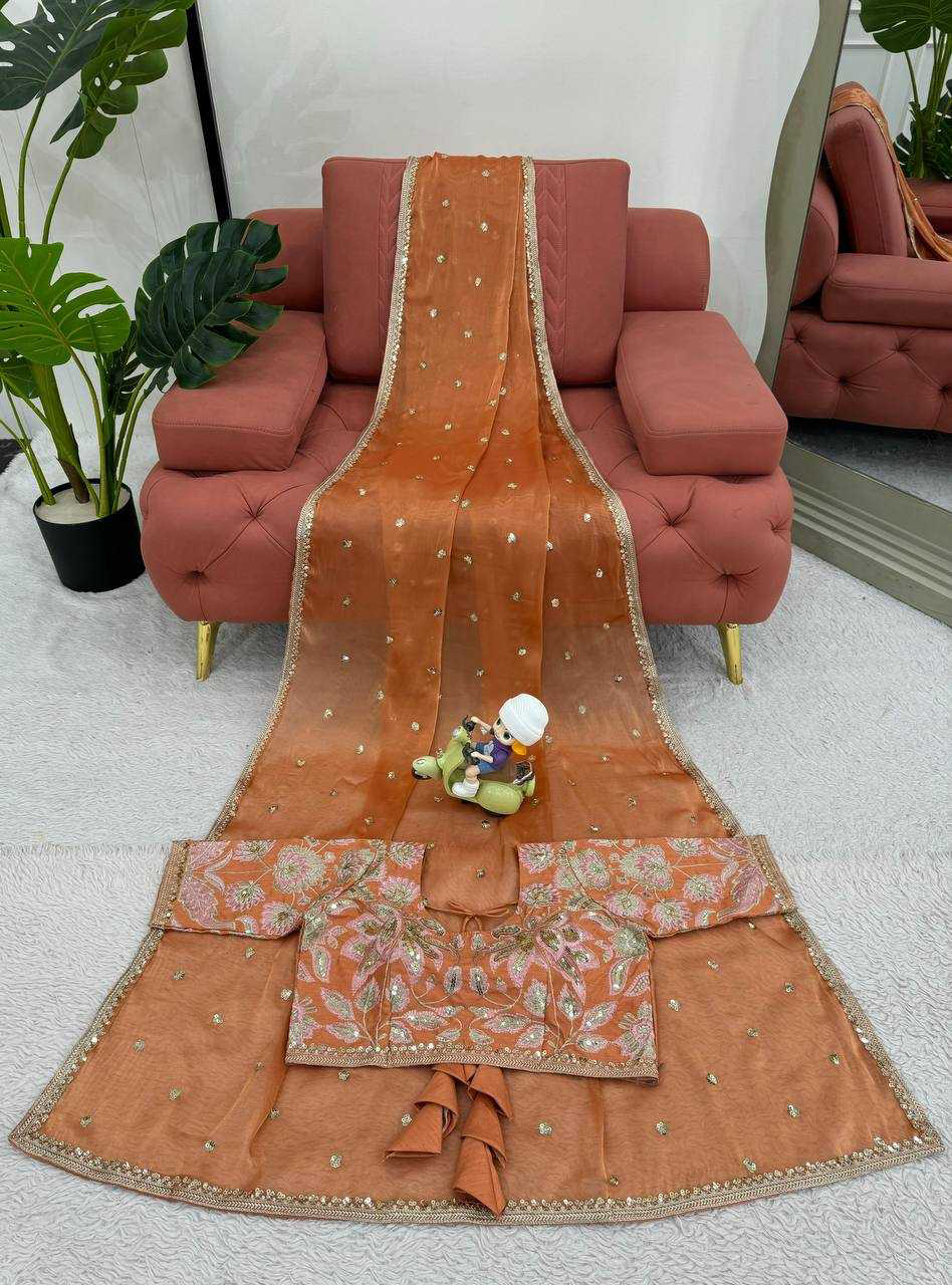 Fanta Orange Shimmery Organza Designer Saree