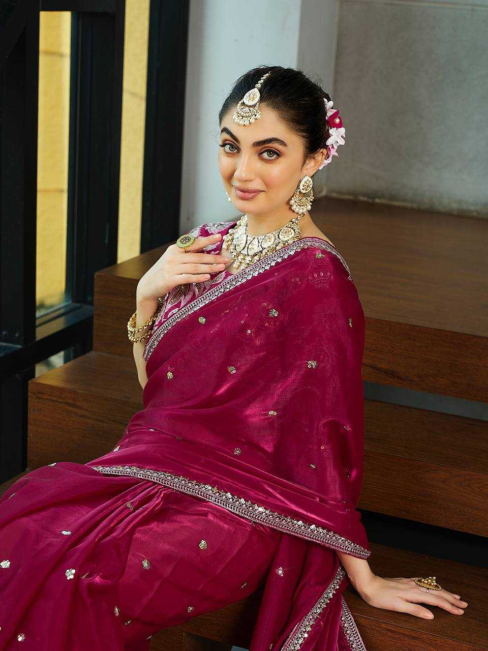 Pink Color Jimmy Choo Saree With Sequence Embroidery Work and Heavy Blouse