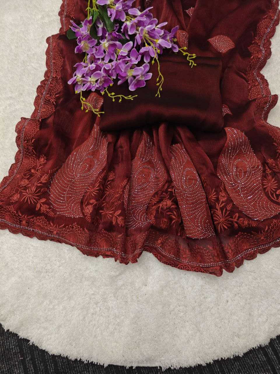 Soft Rich Burberry Silk Fabric Along With Designer Threads C-Pallu Work saree