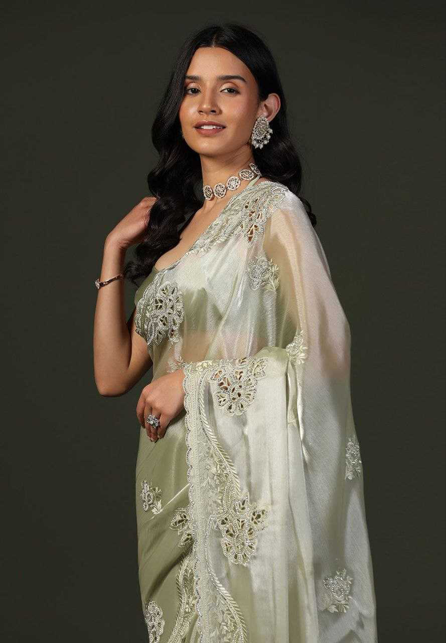 Burberry Silk Saree With Embroidery Cutwork and Stone Work Indian Party Saree