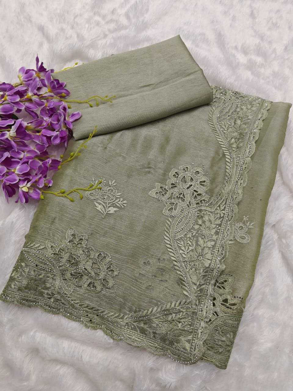 Burberry Silk Saree With Embroidery Cutwork and Stone Work Indian Party Saree