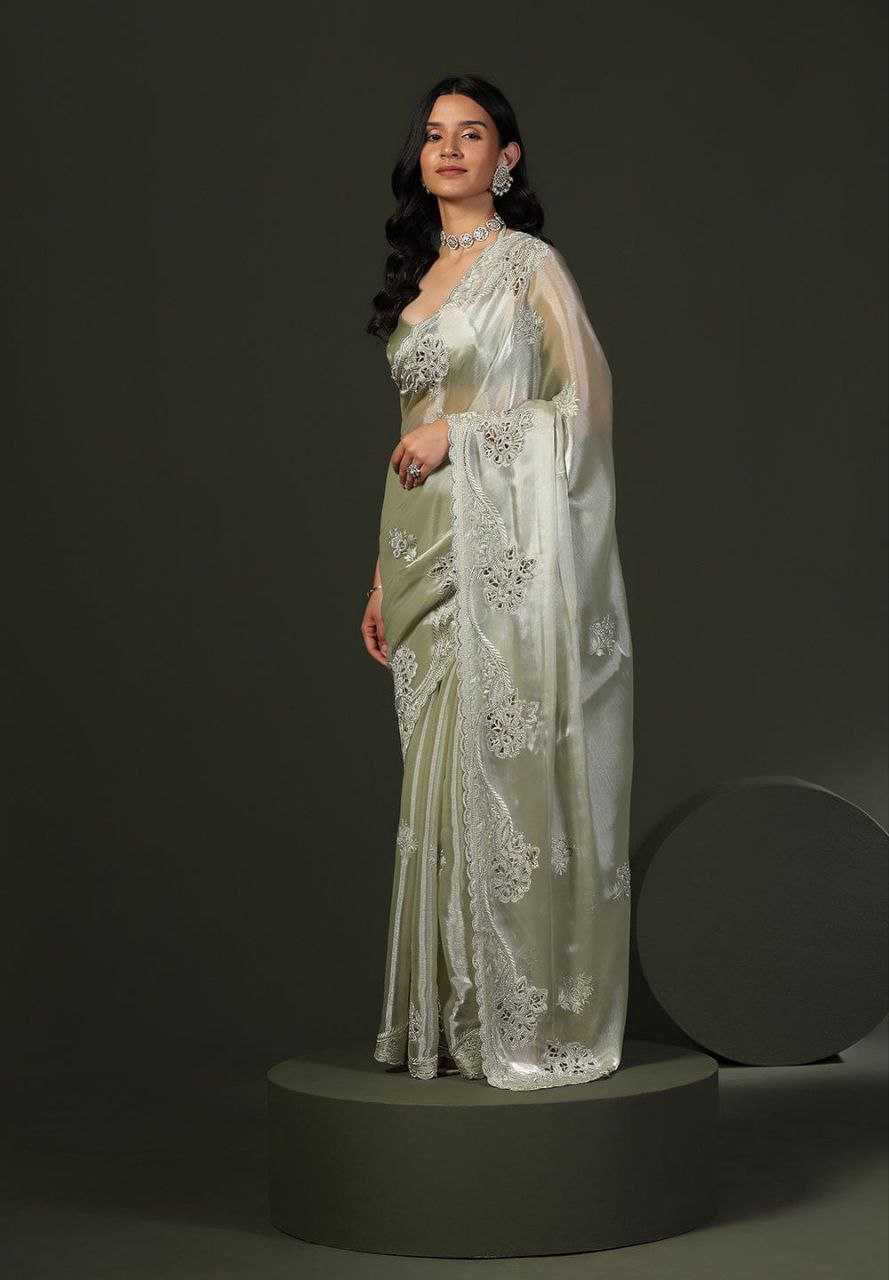 Burberry Silk Saree With Embroidery Cutwork and Stone Work Indian Party Saree
