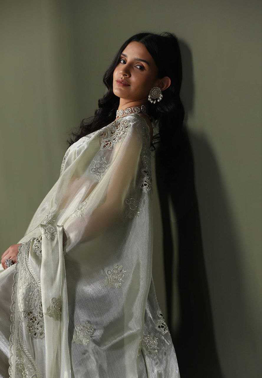 Burberry Silk Saree With Embroidery Cutwork and Stone Work Indian Party Saree