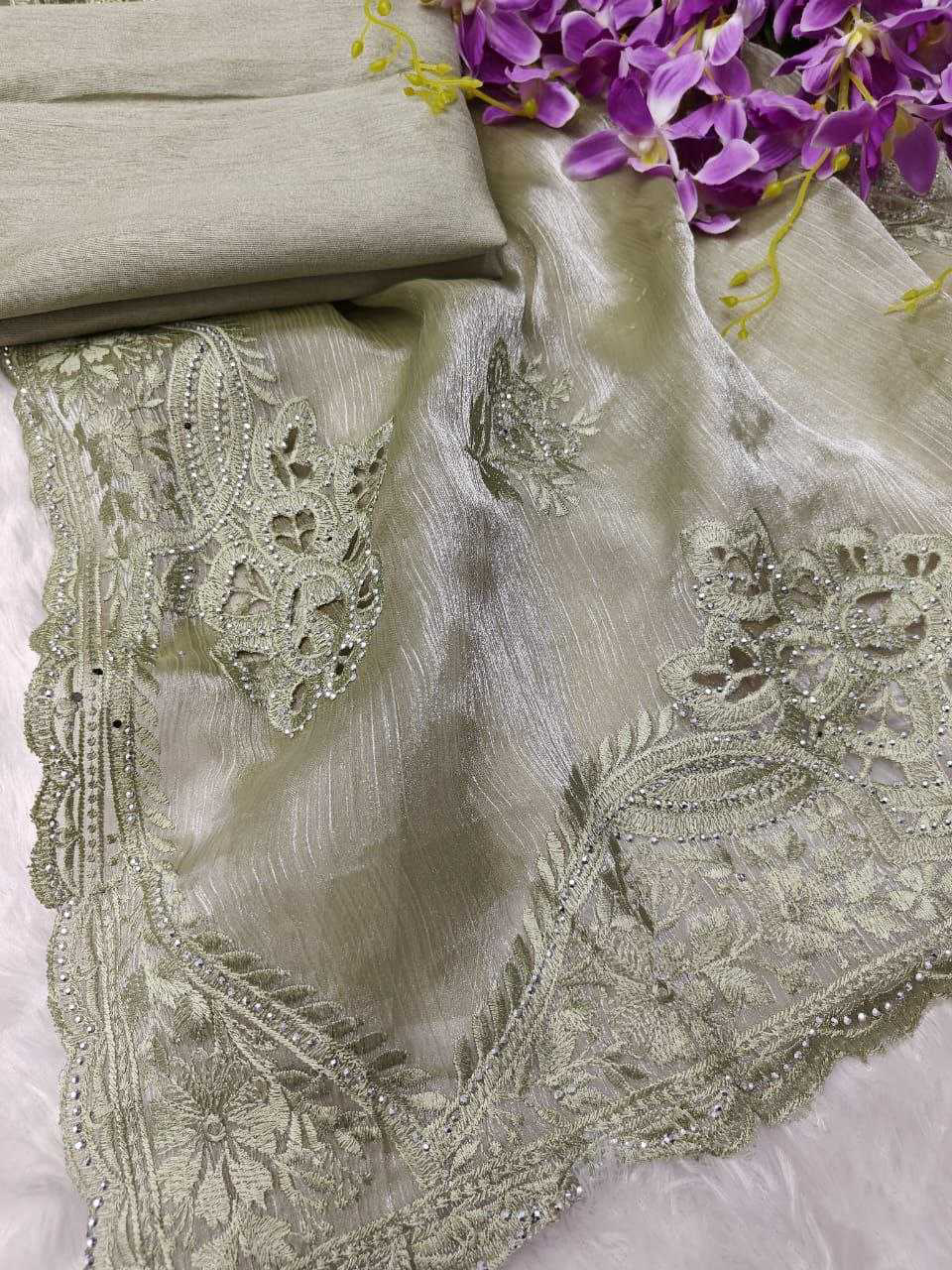 Burberry Silk Saree With Embroidery Cutwork and Stone Work Indian Party Saree