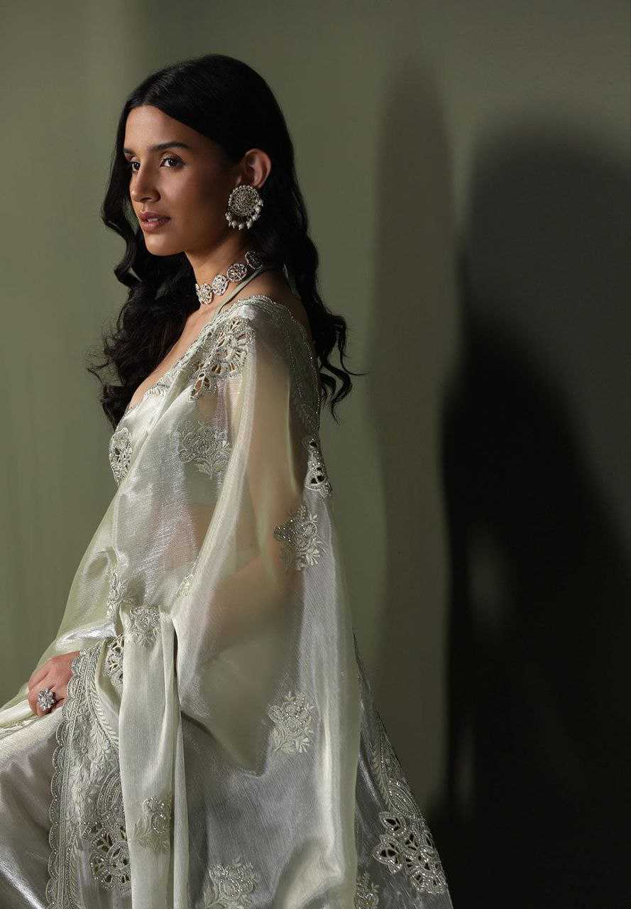 Burberry Silk Saree With Embroidery Cutwork and Stone Work Indian Party Saree
