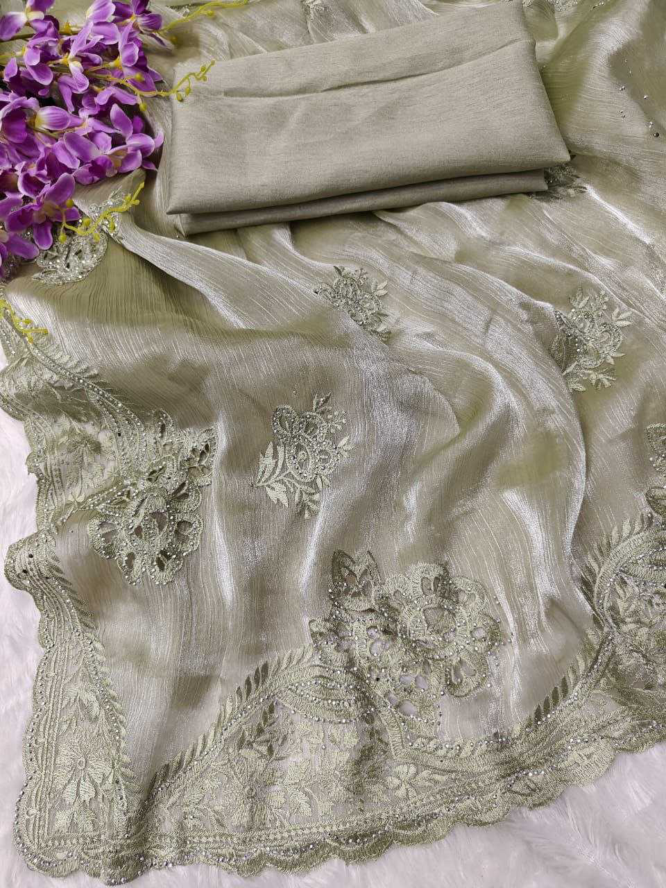 Burberry Silk Saree With Embroidery Cutwork and Stone Work Indian Party Saree