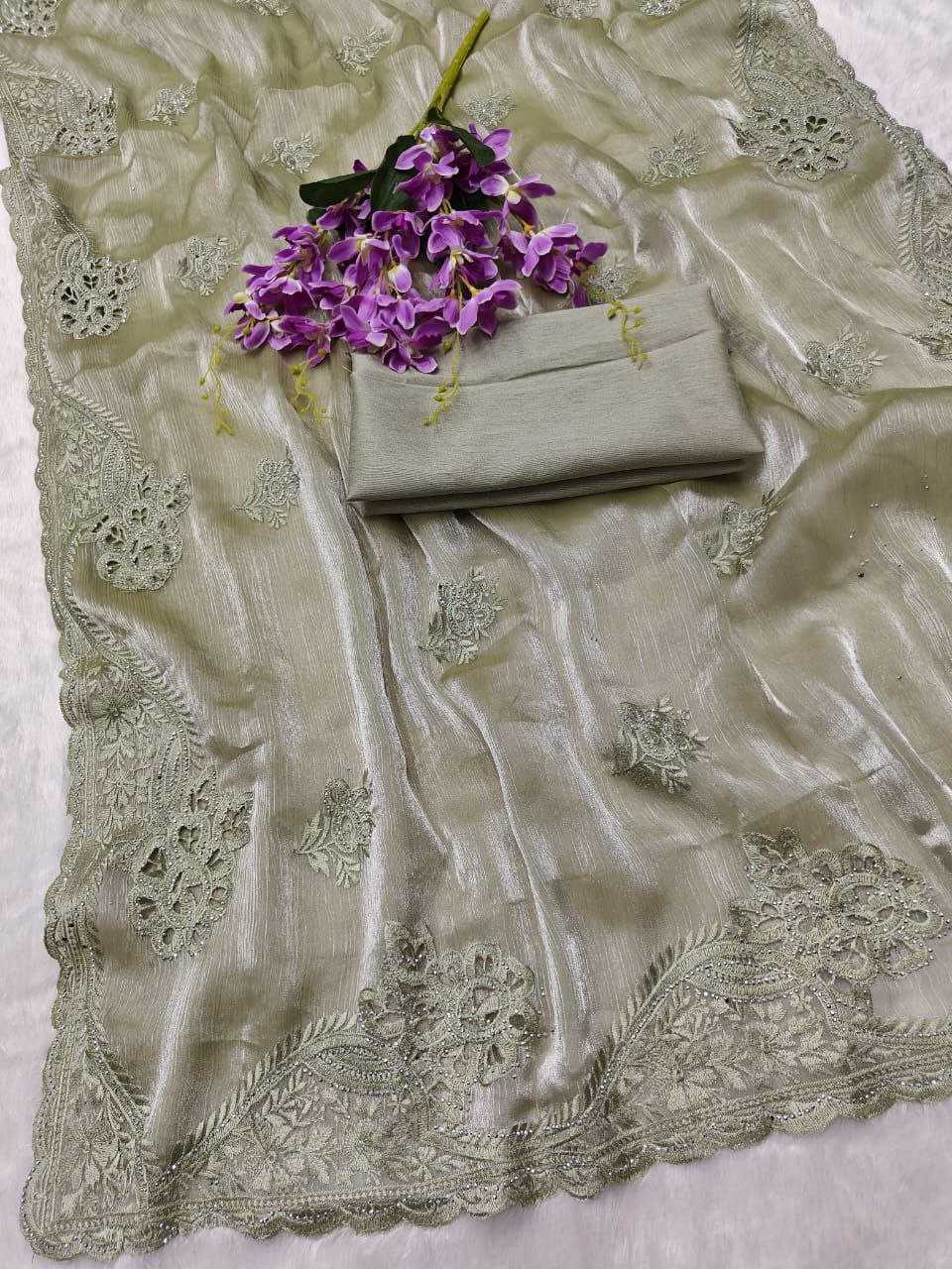 Burberry Silk Saree With Embroidery Cutwork and Stone Work Indian Party Saree